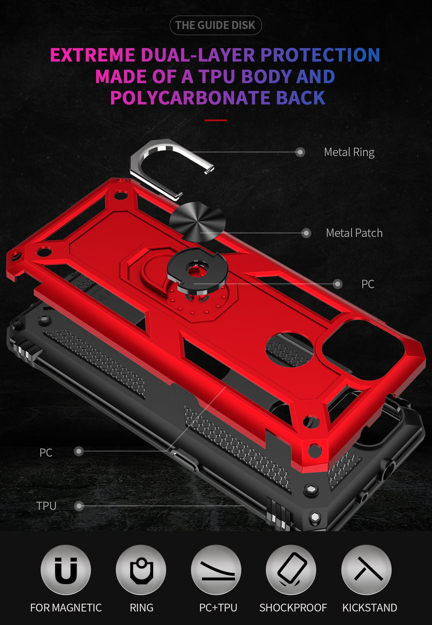 Armor Anti-fall Metal Ring Kickstand Hybrid PC TPU Shell for Motorola Moto G9 Power