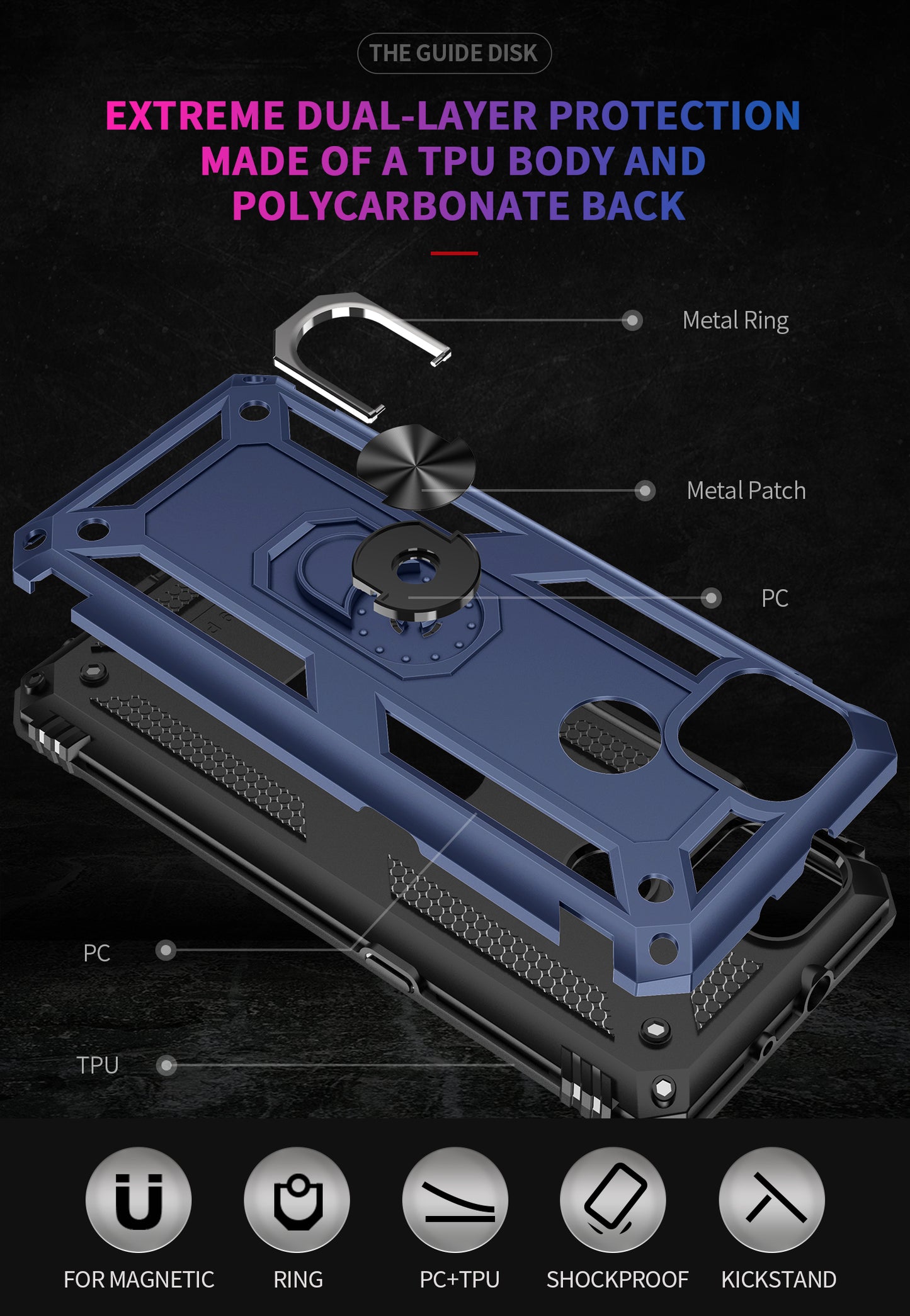 Armor Anti-fall Metal Ring Kickstand Hybrid PC TPU Shell for Motorola Moto G9 Power