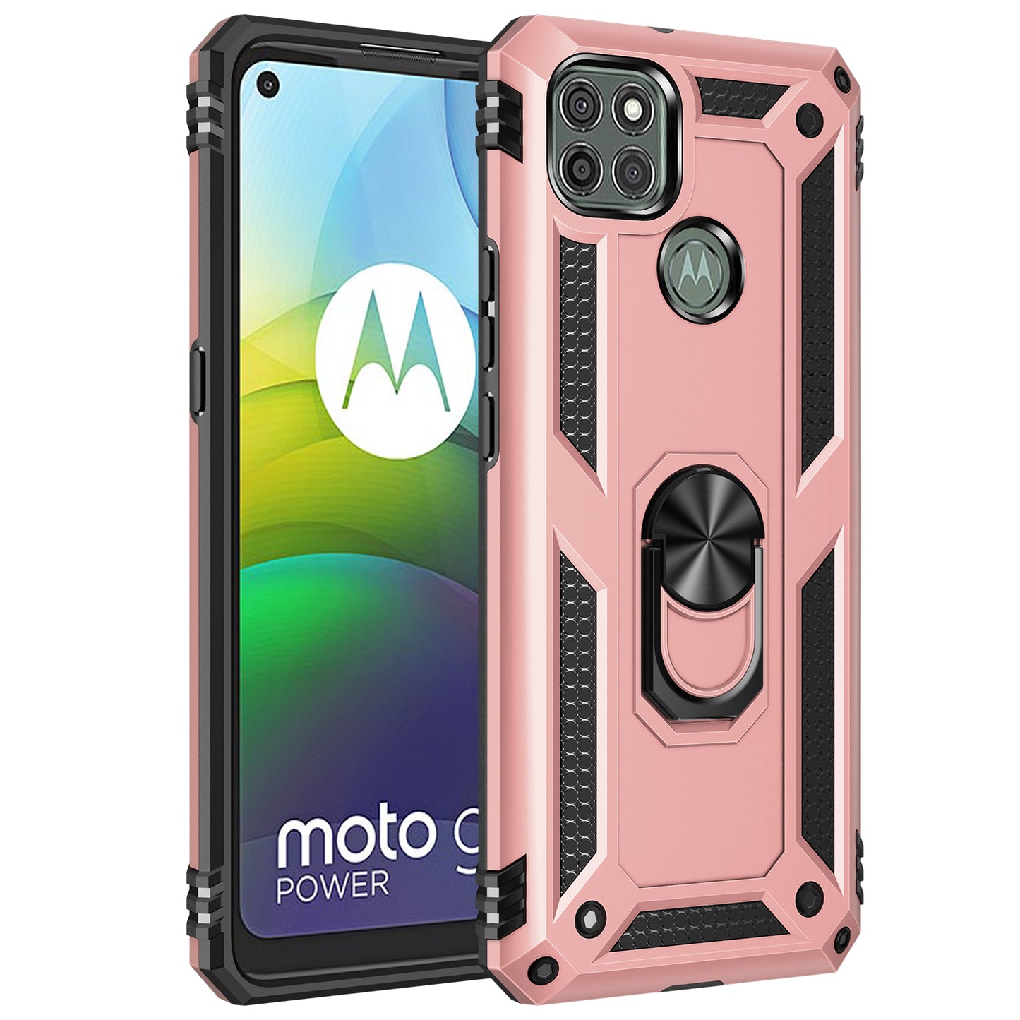 Armor Anti-fall Metal Ring Kickstand Hybrid PC TPU Shell for Motorola Moto G9 Power