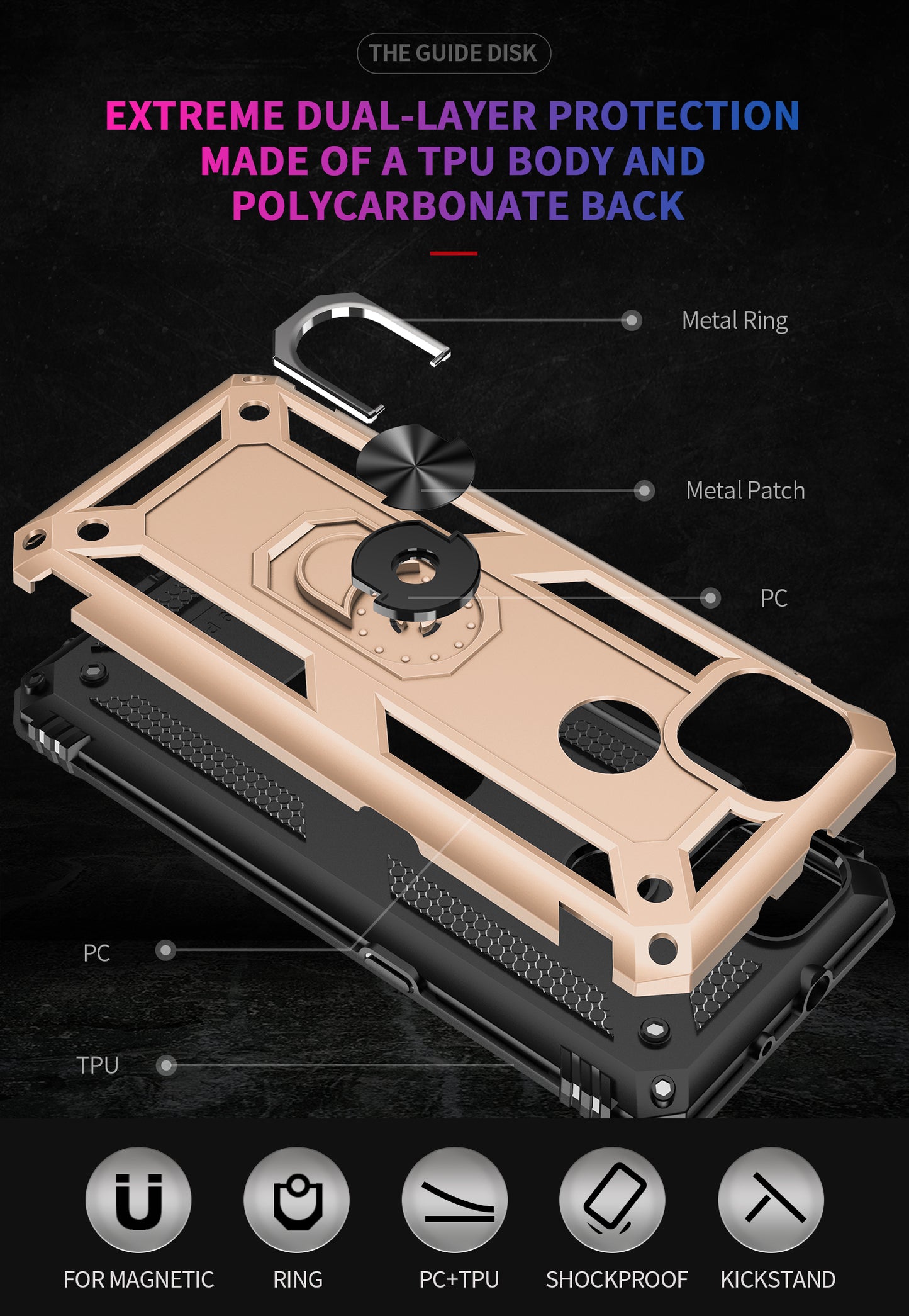 Armor Anti-fall Metal Ring Kickstand Hybrid PC TPU Shell for Motorola Moto G9 Power