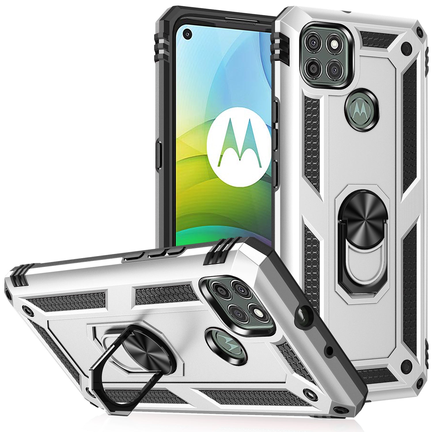 Armor Anti-fall Metal Ring Kickstand Hybrid PC TPU Shell for Motorola Moto G9 Power