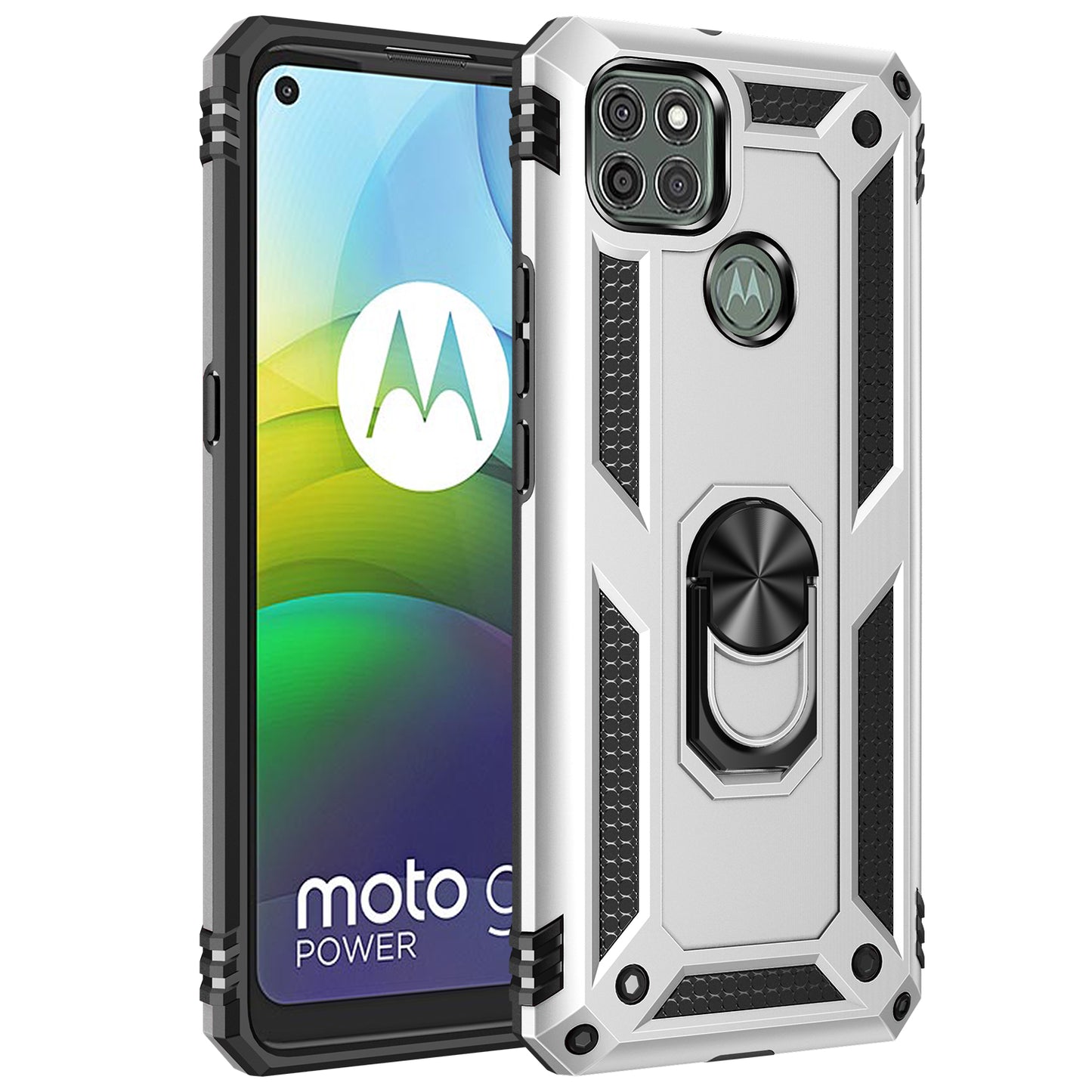 Armor Anti-fall Metal Ring Kickstand Hybrid PC TPU Shell for Motorola Moto G9 Power