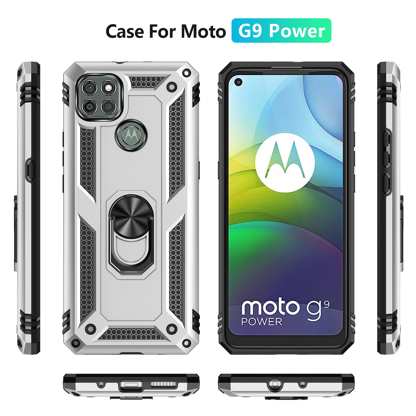 Armor Anti-fall Metal Ring Kickstand Hybrid PC TPU Shell for Motorola Moto G9 Power