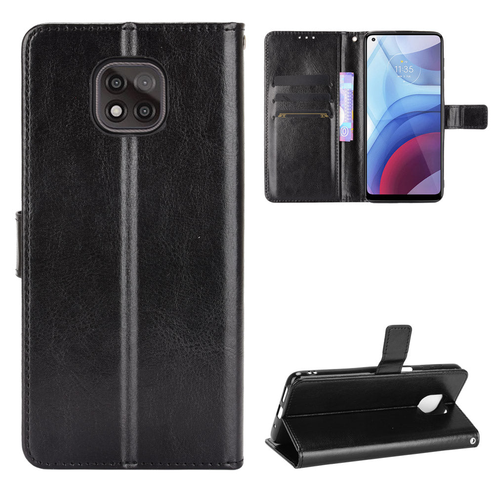 Lanyard Design Crazy Horse Skin Leather Phone Cover Shell with Wallet Stand for Motorola Moto G Power (2021)