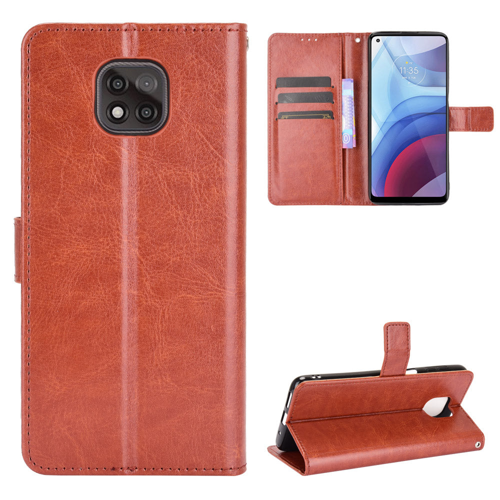 Lanyard Design Crazy Horse Skin Leather Phone Cover Shell with Wallet Stand for Motorola Moto G Power (2021)