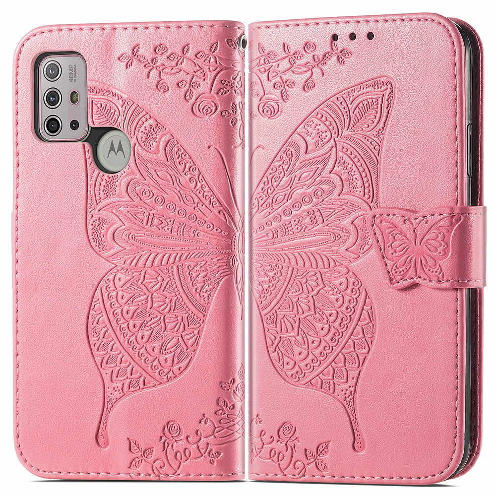 Imprint Big Butterfly Leather Wallet Phone Shell for Motorola Moto G10/G20