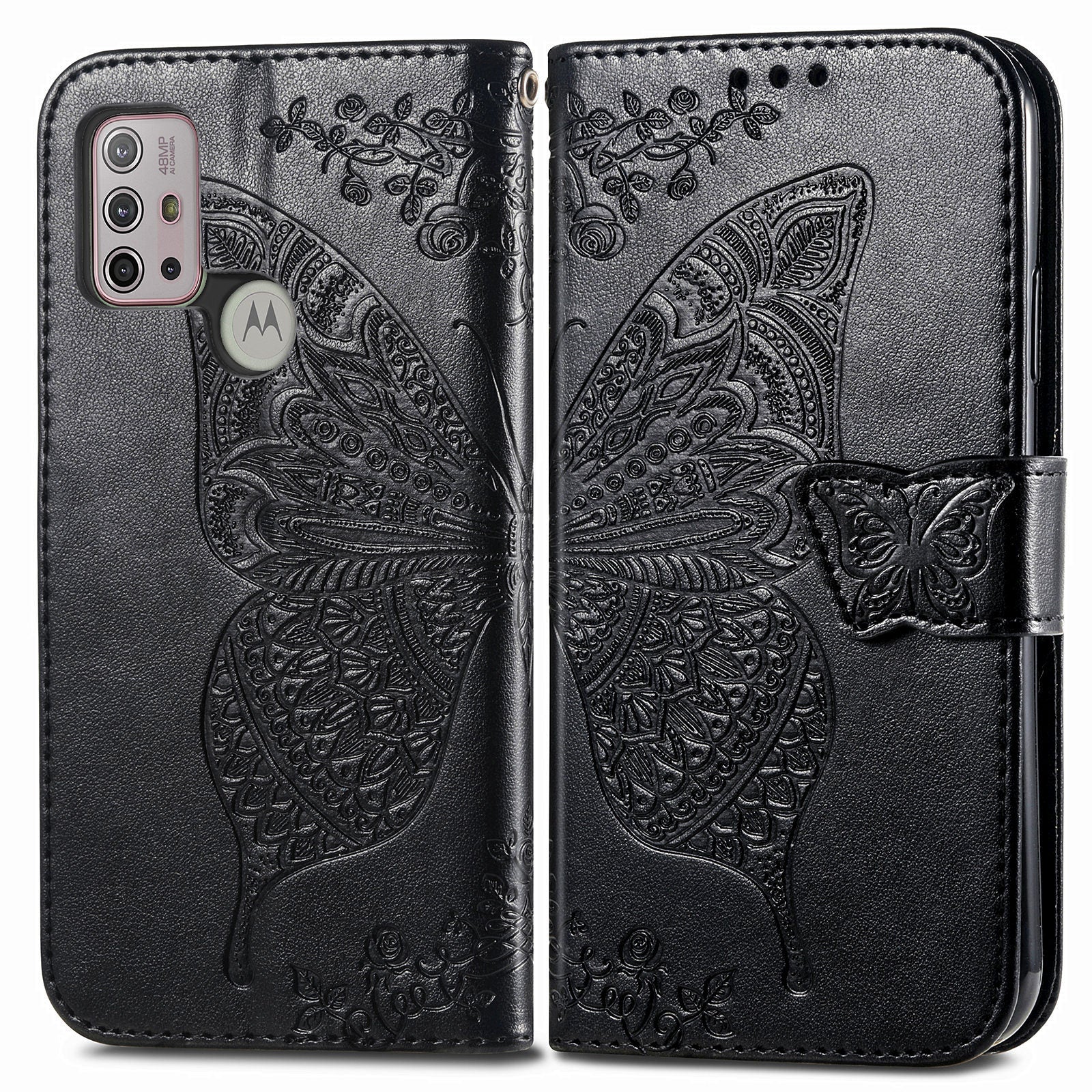 Imprint Big Butterfly Leather Wallet Phone Shell for Motorola Moto G10/G20