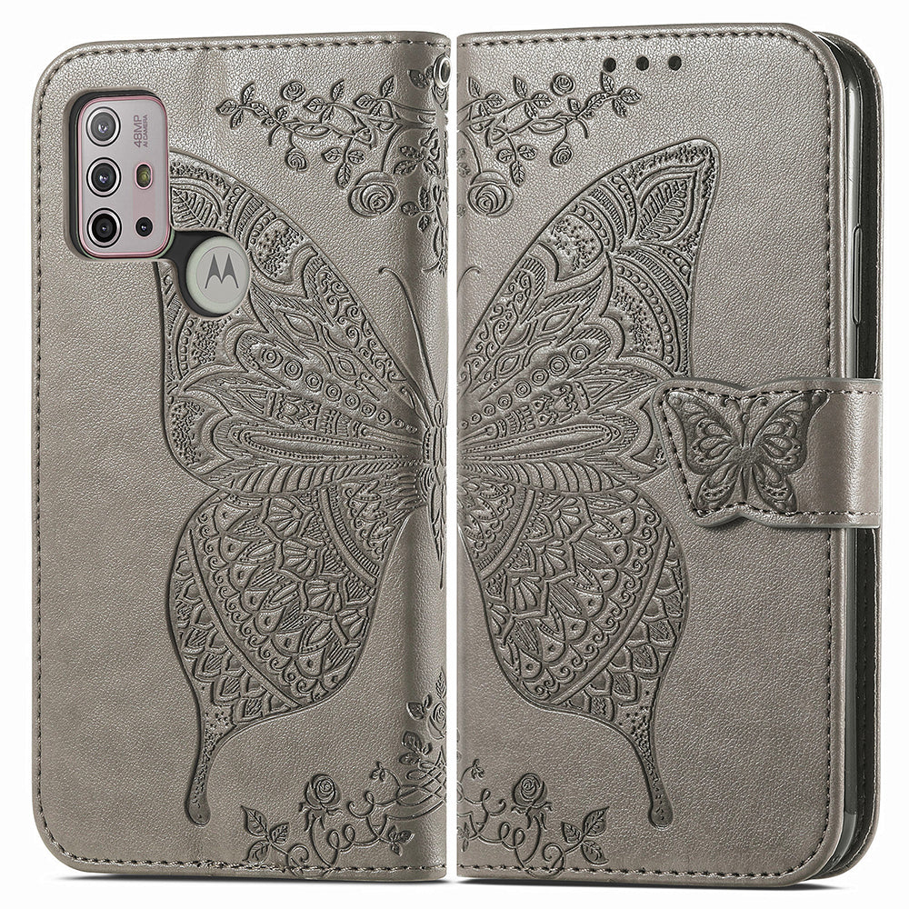 Imprint Big Butterfly Leather Wallet Phone Shell for Motorola Moto G10/G20