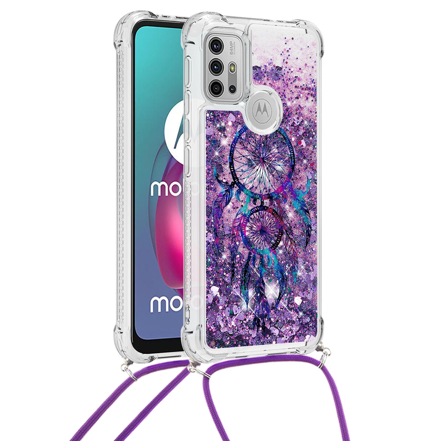 Quicksand Glitter Sequins Pattern Printing TPU Phone Case Cover with Strap for Motorola Moto G10/G30/G20