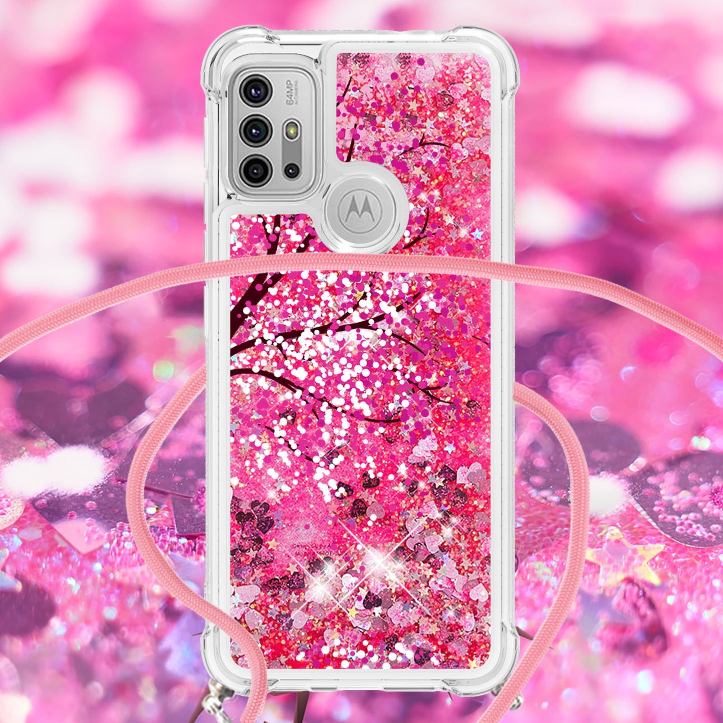 Quicksand Glitter Sequins Pattern Printing TPU Phone Case Cover with Strap for Motorola Moto G10/G30/G20