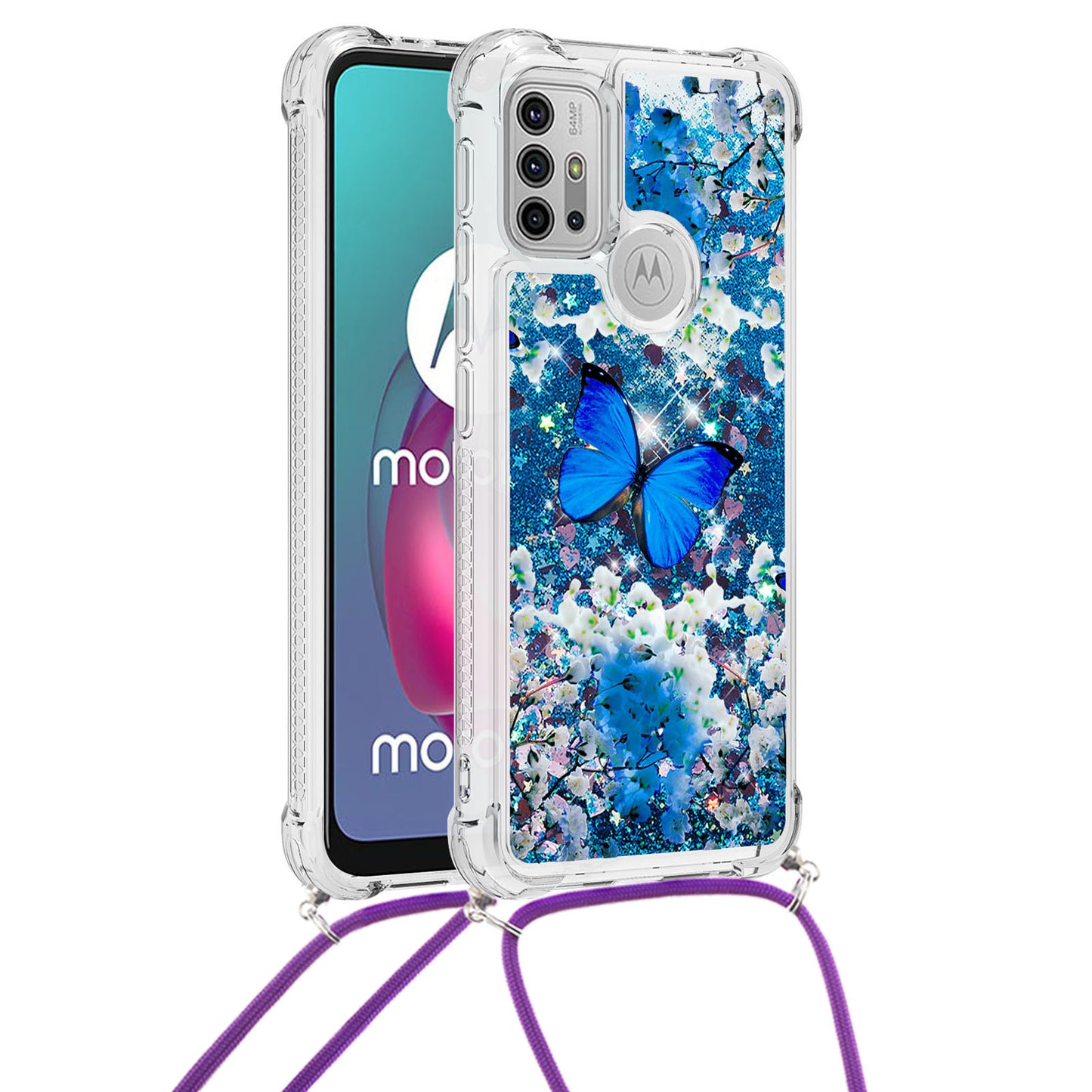 Quicksand Glitter Sequins Pattern Printing TPU Phone Case Cover with Strap for Motorola Moto G10/G30/G20