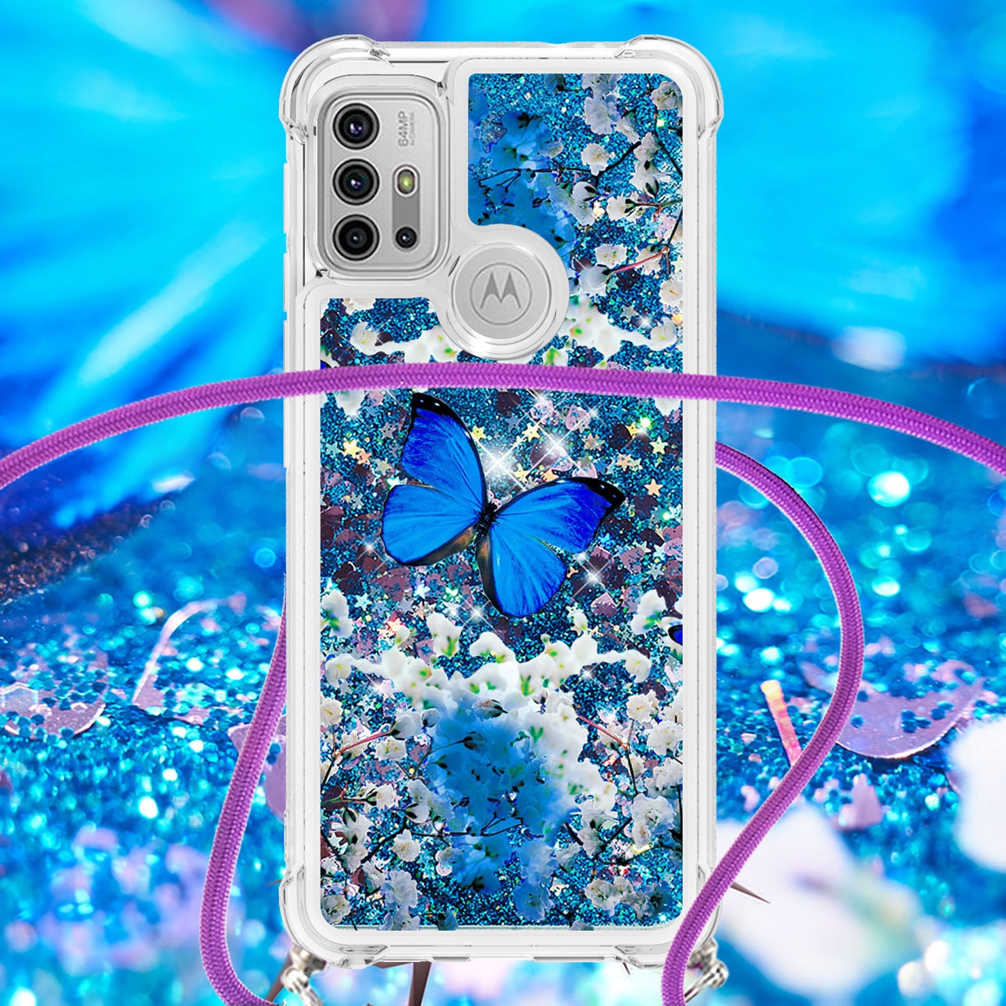 Quicksand Glitter Sequins Pattern Printing TPU Phone Case Cover with Strap for Motorola Moto G10/G30/G20