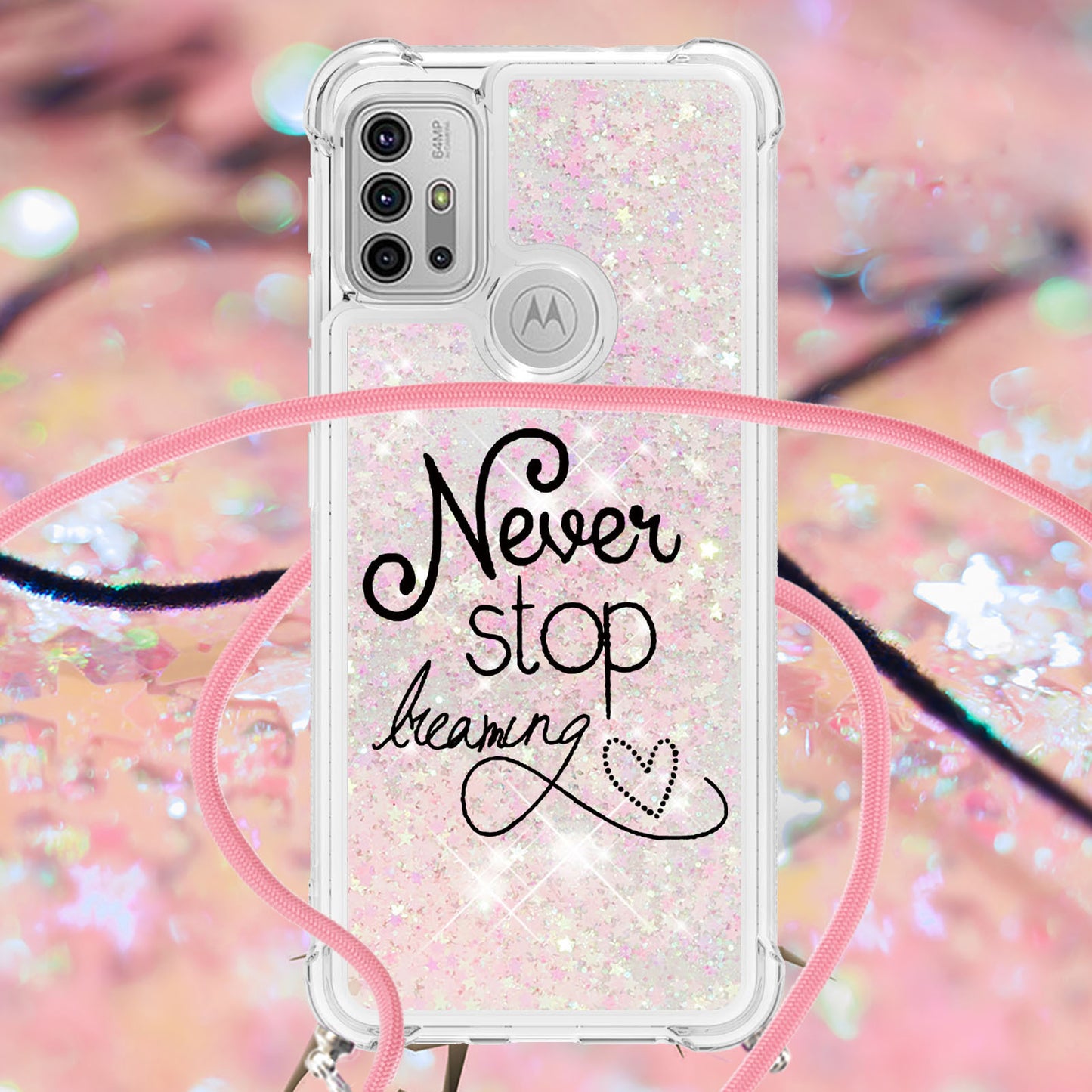 Quicksand Glitter Sequins Pattern Printing TPU Phone Case Cover with Strap for Motorola Moto G10/G30/G20