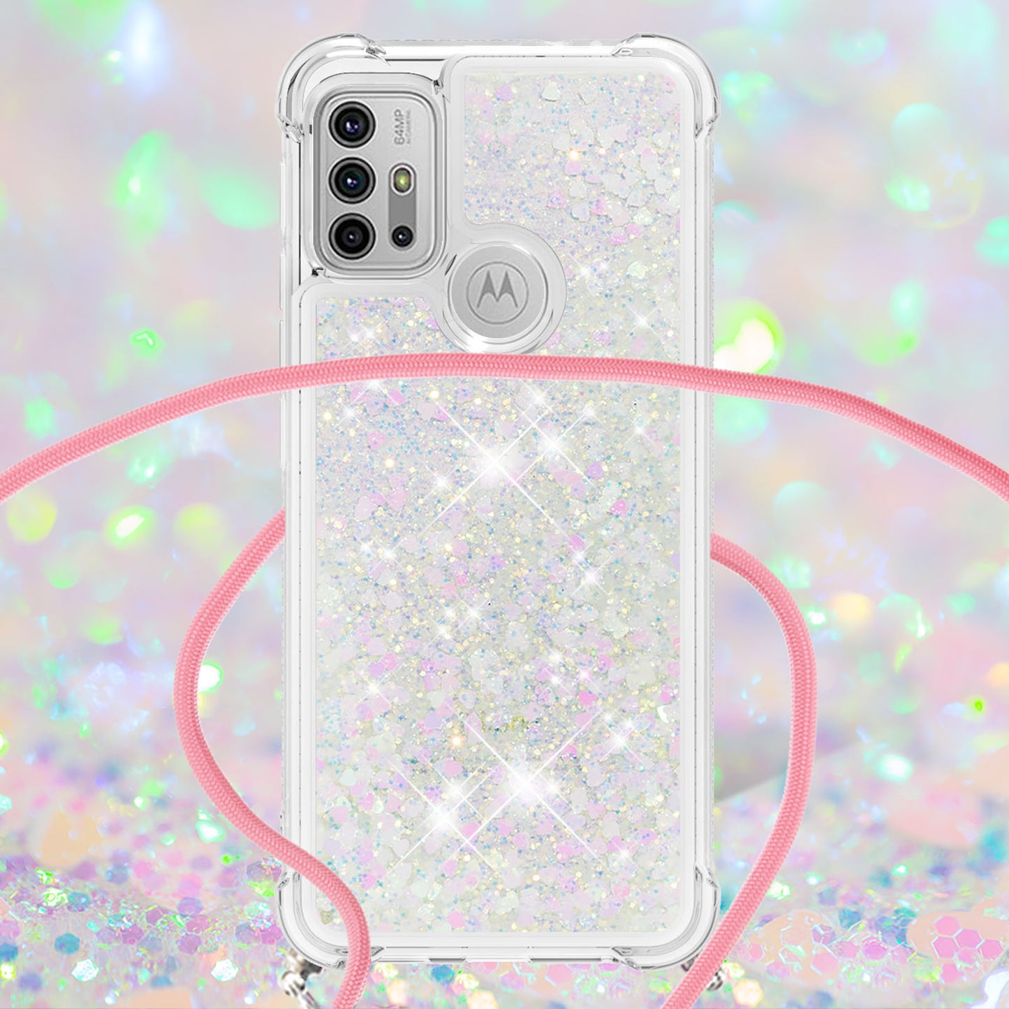 Quicksand Glitter Sequins Powder TPU Mobile Phone Case with Strap for Motorola Moto G30/G20 / G10