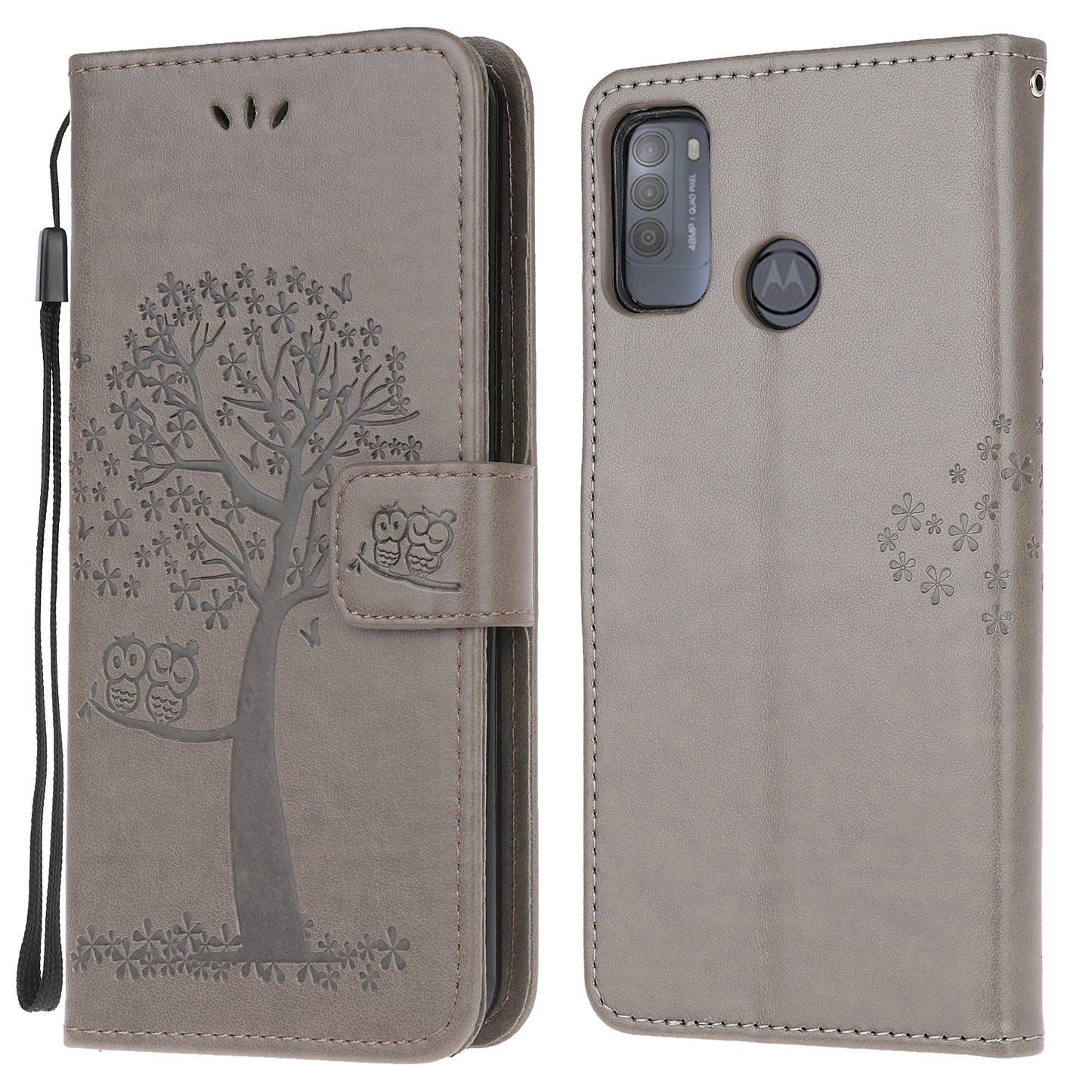 Owl and Tree Pattern Printing Design Leather Wallet Phone Cover for Motorola Moto G50