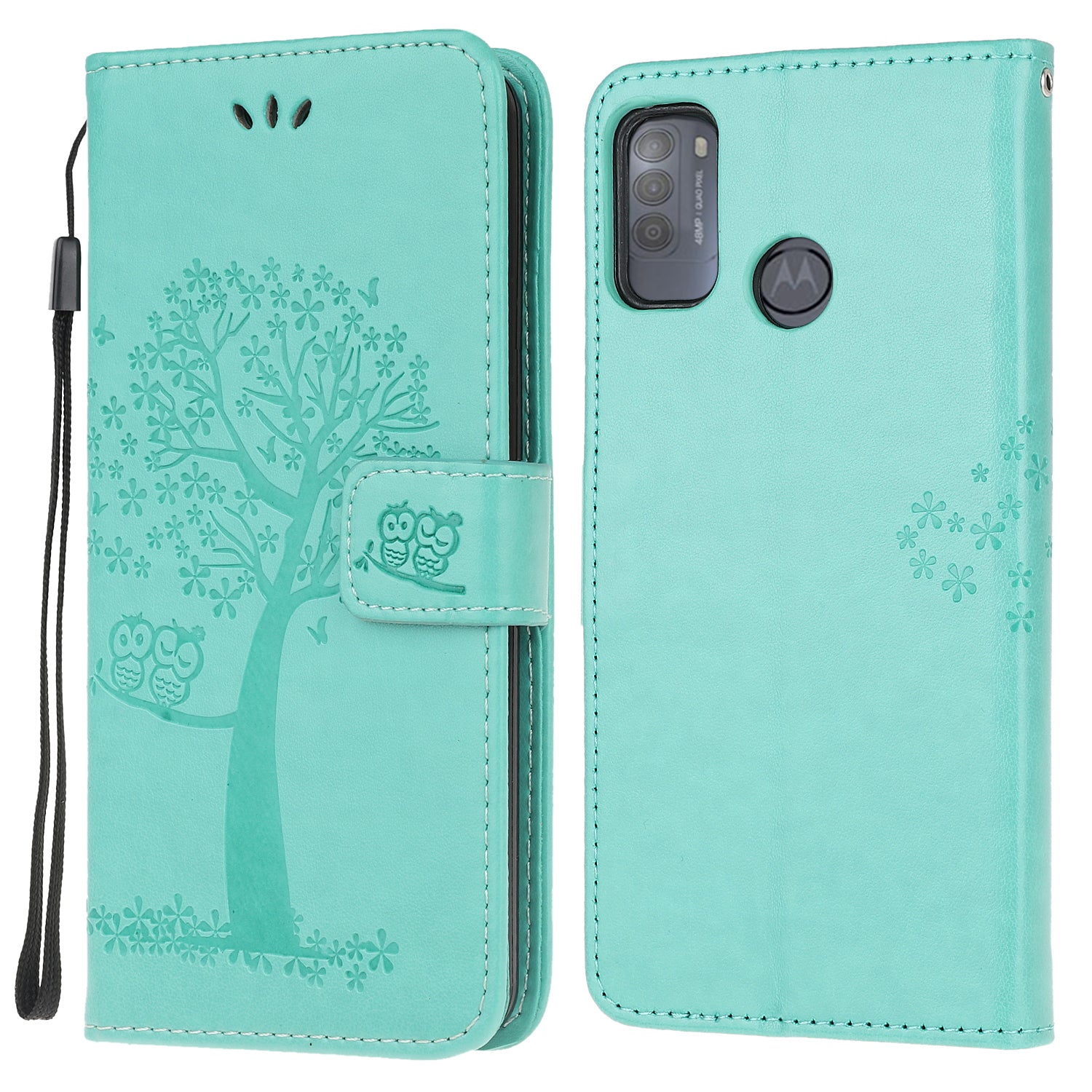 Owl and Tree Pattern Printing Design Leather Wallet Phone Cover for Motorola Moto G50