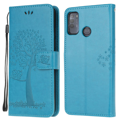 Owl and Tree Pattern Printing Design Leather Wallet Phone Cover for Motorola Moto G50