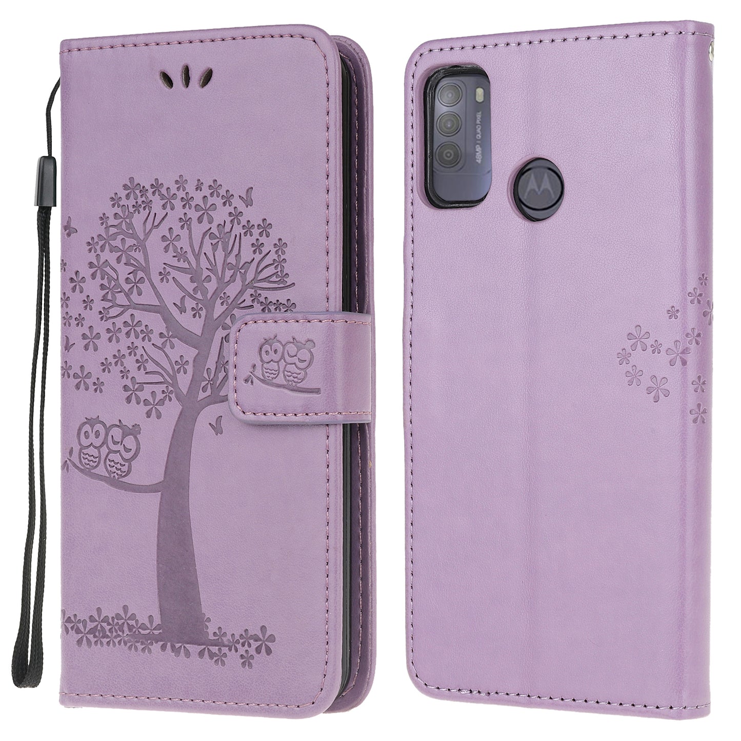 Owl and Tree Pattern Printing Design Leather Wallet Phone Cover for Motorola Moto G50