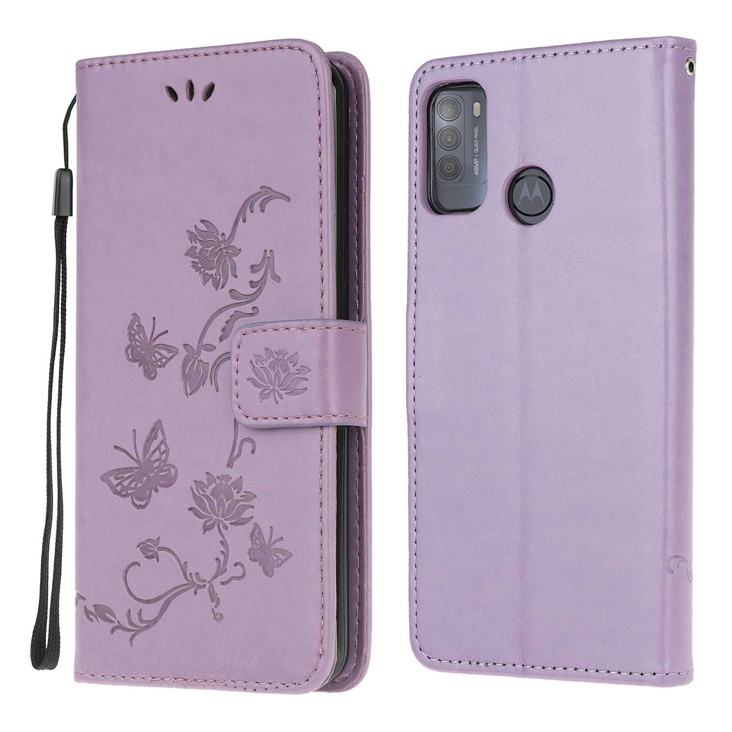 Imprint Butterfly Flower Leather Wallet Stand Phone Cover for Motorola Moto G50