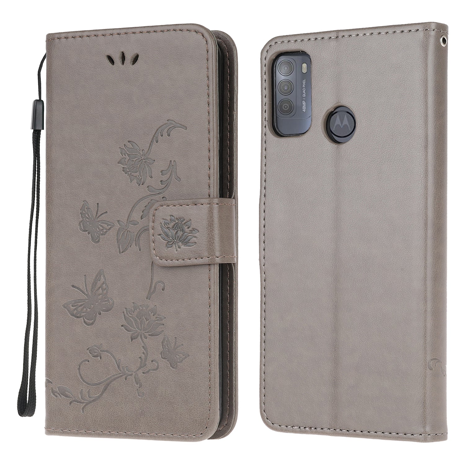 Imprint Butterfly Flower Leather Wallet Stand Phone Cover for Motorola Moto G50