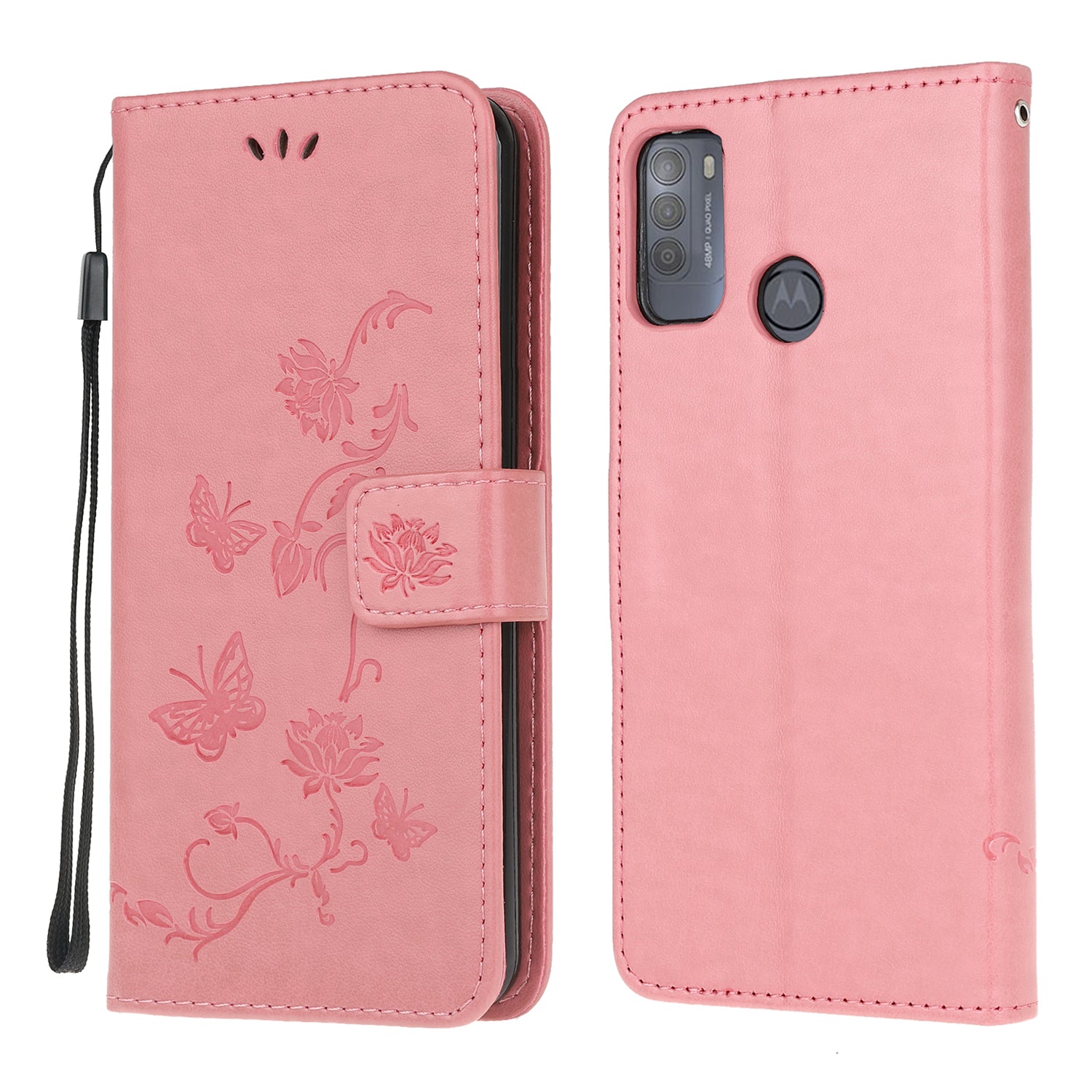 Imprint Butterfly Flower Leather Wallet Stand Phone Cover for Motorola Moto G50