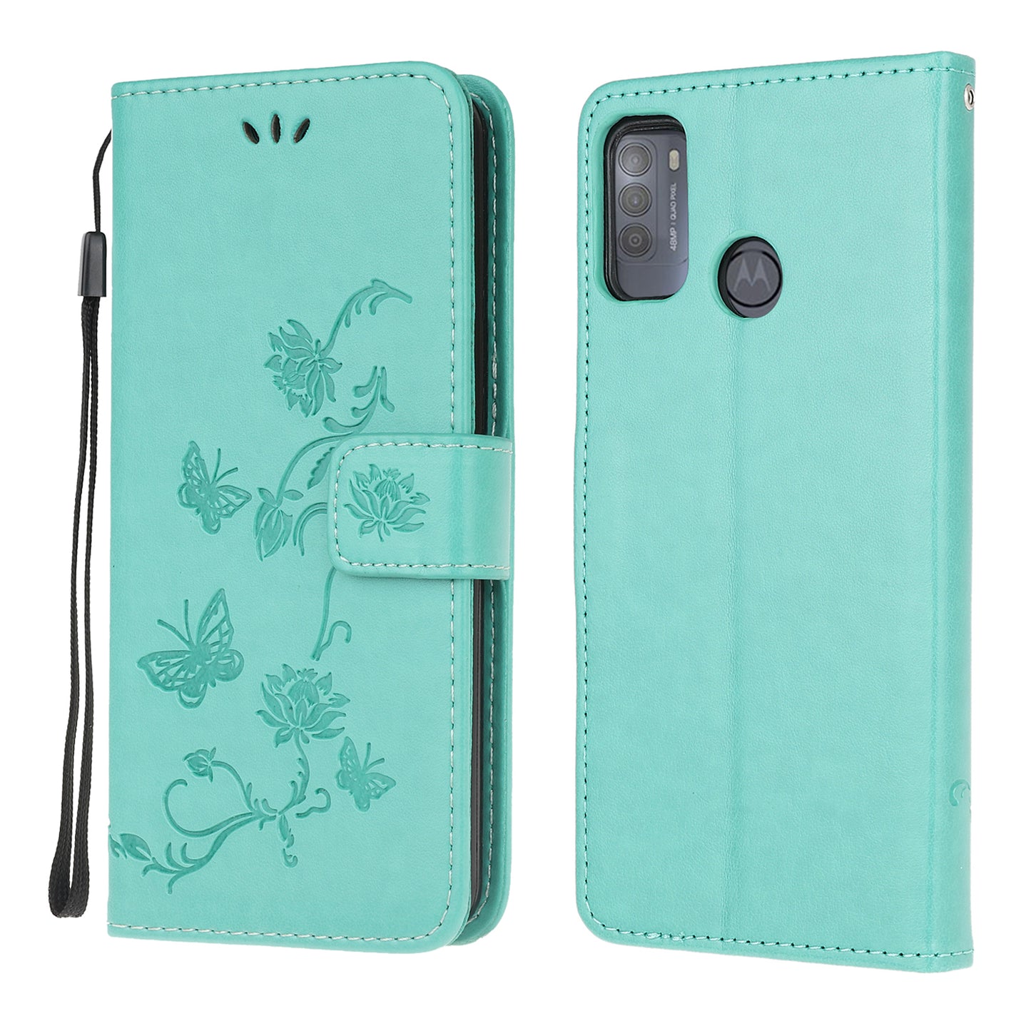 Imprint Butterfly Flower Leather Wallet Stand Phone Cover for Motorola Moto G50