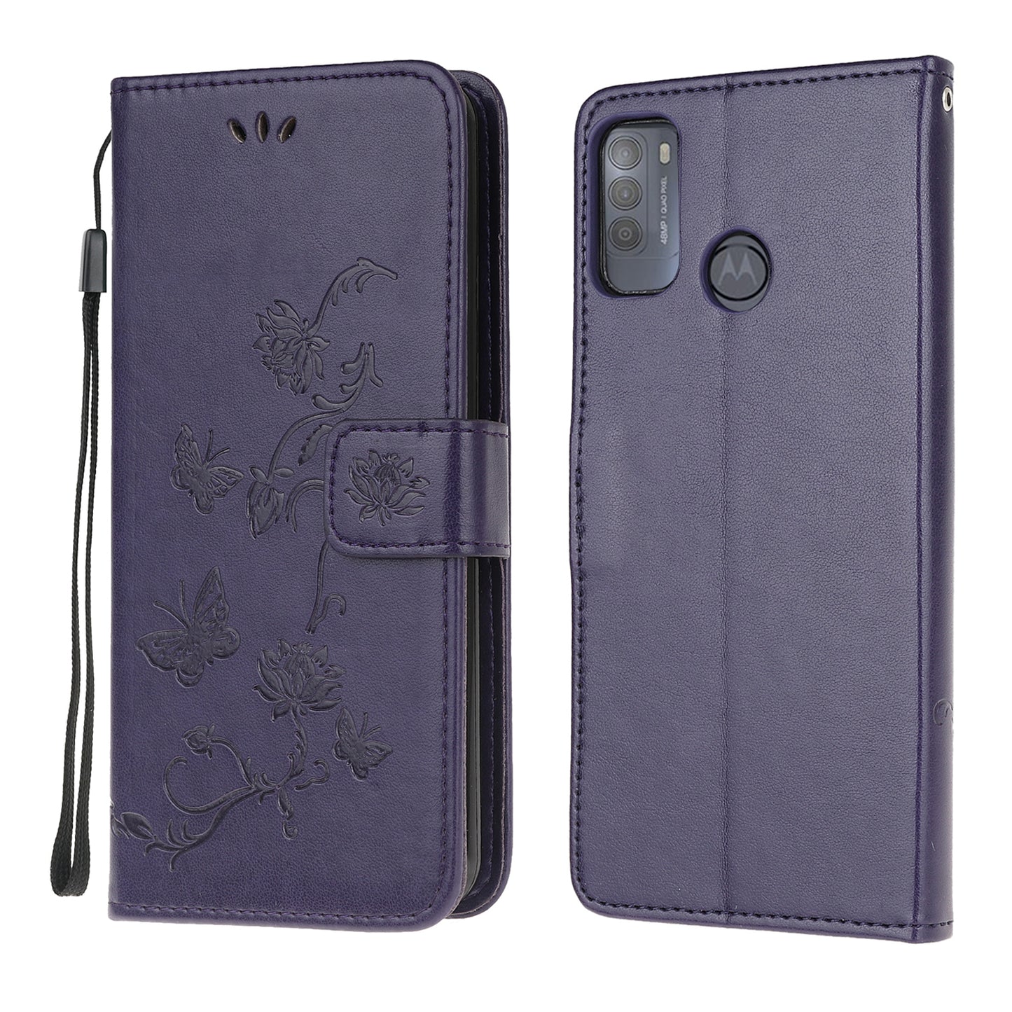 Imprint Butterfly Flower Leather Wallet Stand Phone Cover for Motorola Moto G50