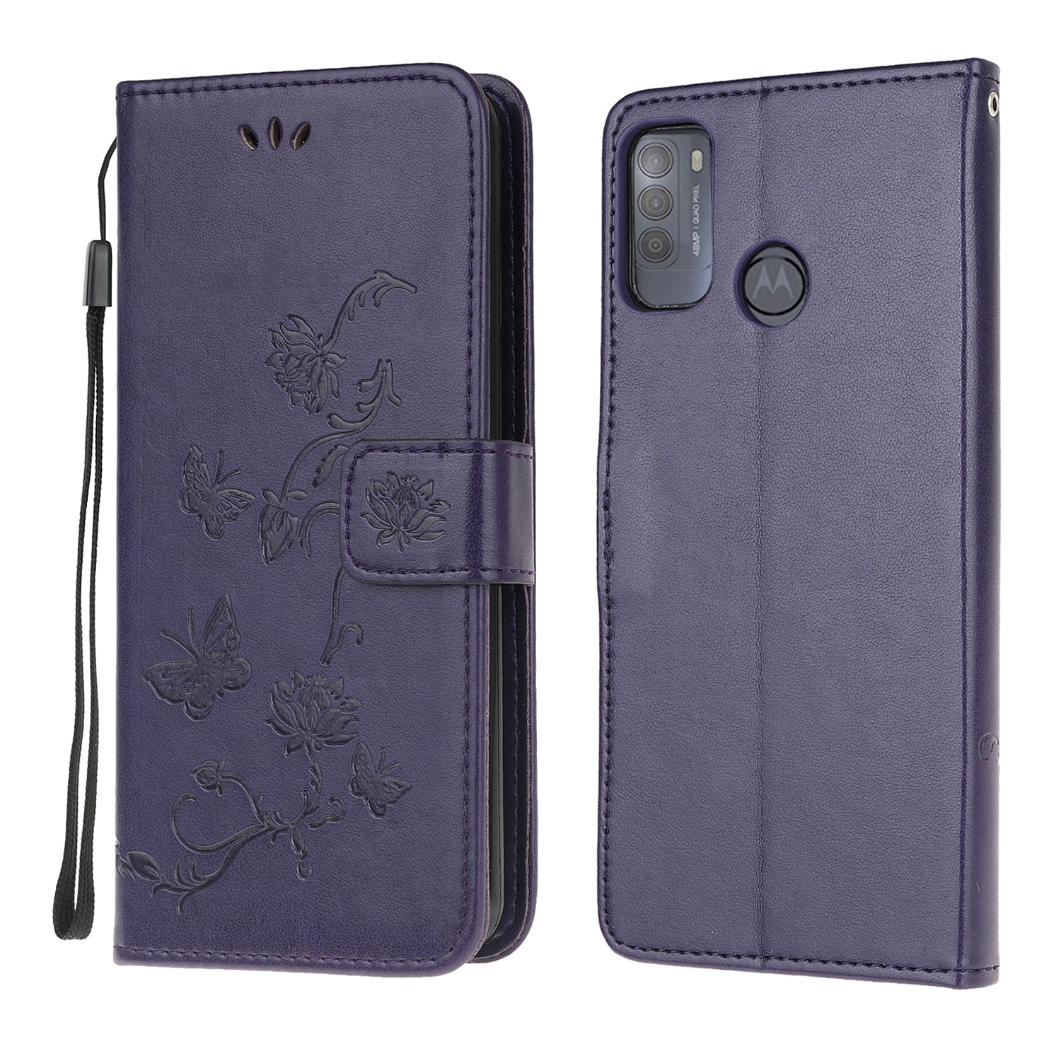 Imprint Butterfly Flower Leather Wallet Stand Phone Cover for Motorola Moto G50