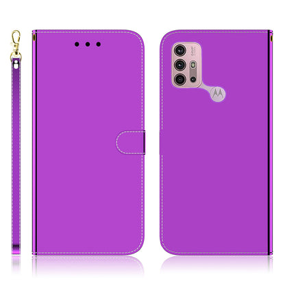 Full Protection Wallet Stand Design Mirror-like Surface Leather Case + Wrist Strap for Motorola Moto G10/G30/G20