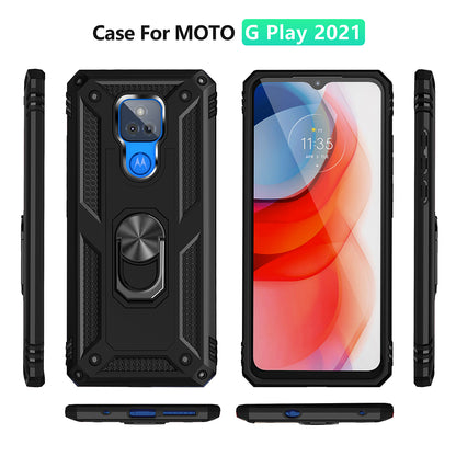 Anti-Fall Hybrid PC + TPU + Metal Phone Case Cover with Finger Ring Kickstand for Motorola Moto G Play (2021)