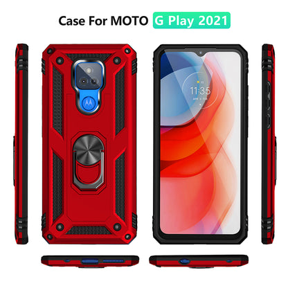 Anti-Fall Hybrid PC + TPU + Metal Phone Case Cover with Finger Ring Kickstand for Motorola Moto G Play (2021)