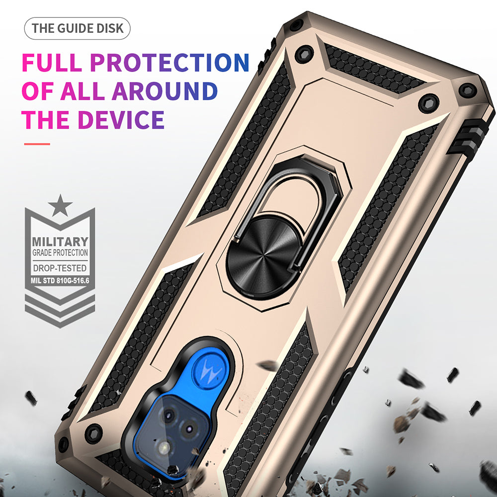 Anti-Fall Hybrid PC + TPU + Metal Phone Case Cover with Finger Ring Kickstand for Motorola Moto G Play (2021)