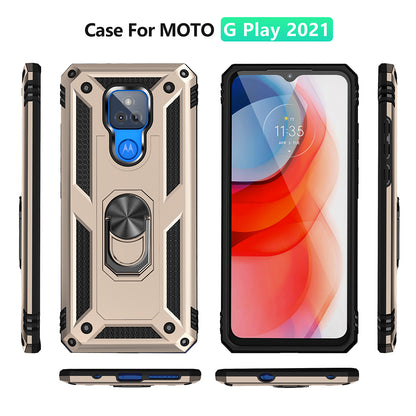 Anti-Fall Hybrid PC + TPU + Metal Phone Case Cover with Finger Ring Kickstand for Motorola Moto G Play (2021)