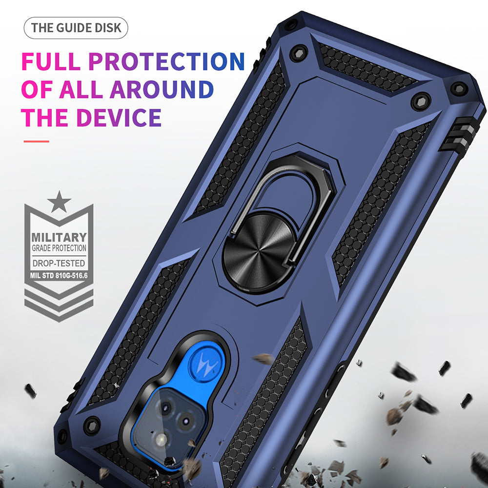 Anti-Fall Hybrid PC + TPU + Metal Phone Case Cover with Finger Ring Kickstand for Motorola Moto G Play (2021)