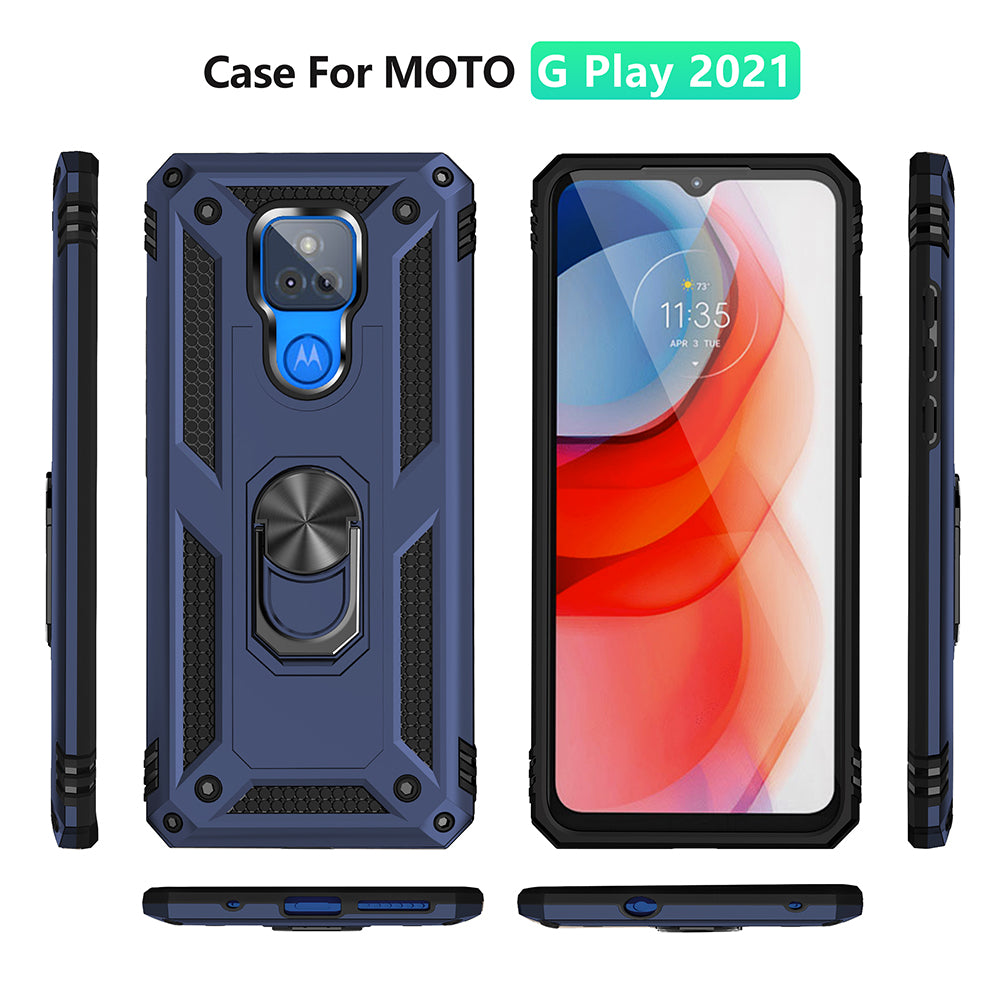 Anti-Fall Hybrid PC + TPU + Metal Phone Case Cover with Finger Ring Kickstand for Motorola Moto G Play (2021)