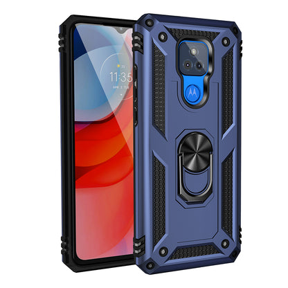 Anti-Fall Hybrid PC + TPU + Metal Phone Case Cover with Finger Ring Kickstand for Motorola Moto G Play (2021)