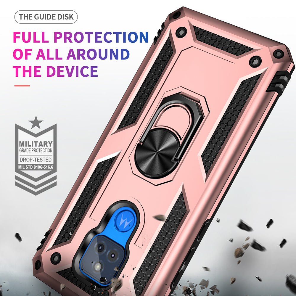 Anti-Fall Hybrid PC + TPU + Metal Phone Case Cover with Finger Ring Kickstand for Motorola Moto G Play (2021)