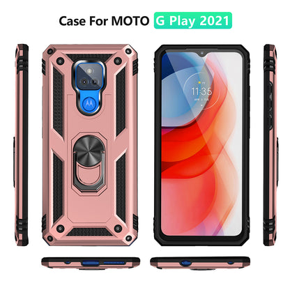 Anti-Fall Hybrid PC + TPU + Metal Phone Case Cover with Finger Ring Kickstand for Motorola Moto G Play (2021)