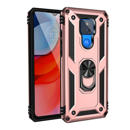 Anti-Fall Hybrid PC + TPU + Metal Phone Case Cover with Finger Ring Kickstand for Motorola Moto G Play (2021)