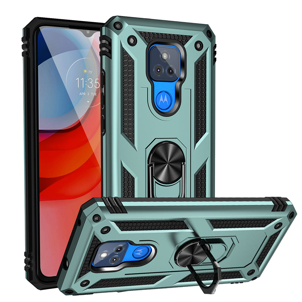 Anti-Fall Hybrid PC + TPU + Metal Phone Case Cover with Finger Ring Kickstand for Motorola Moto G Play (2021)