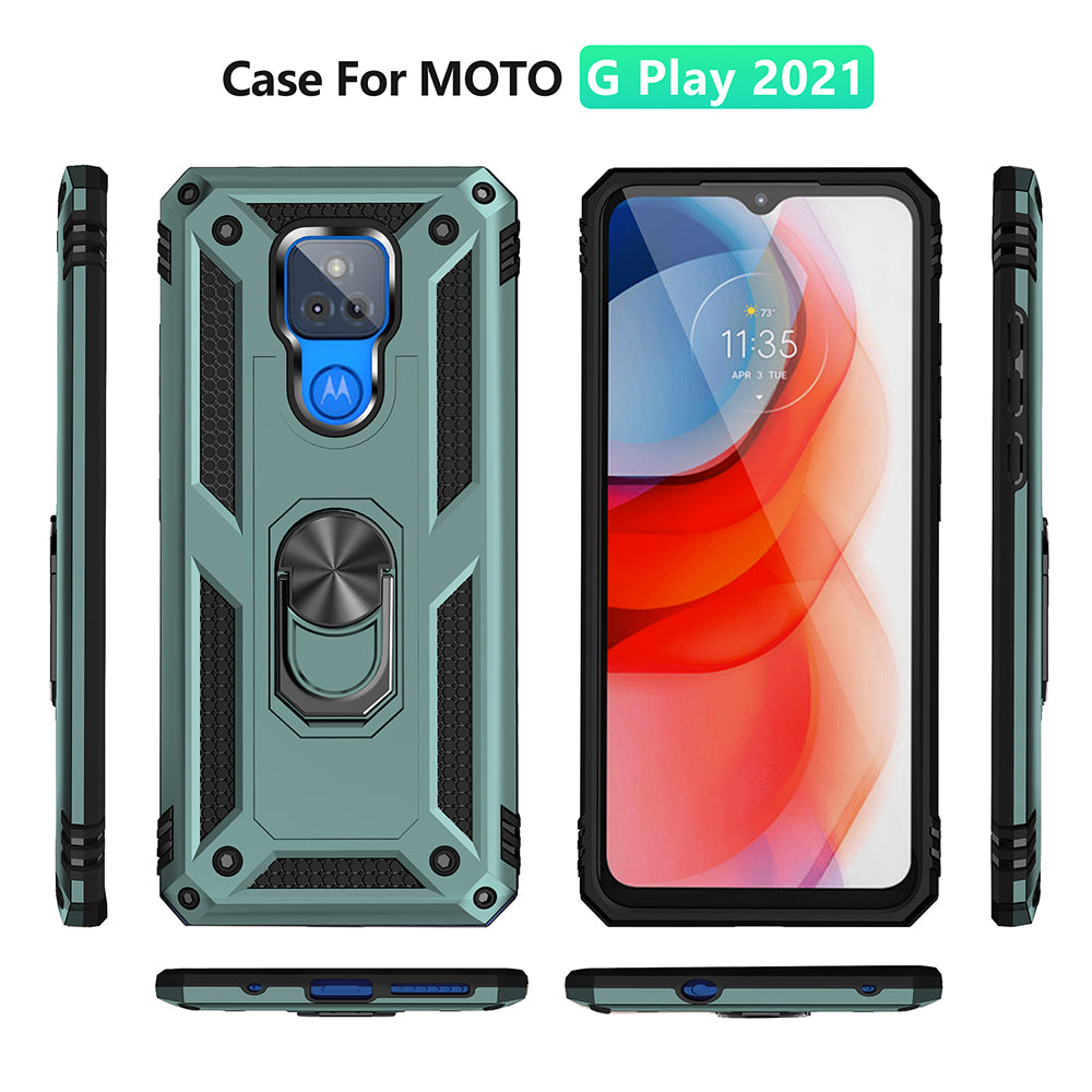 Anti-Fall Hybrid PC + TPU + Metal Phone Case Cover with Finger Ring Kickstand for Motorola Moto G Play (2021)