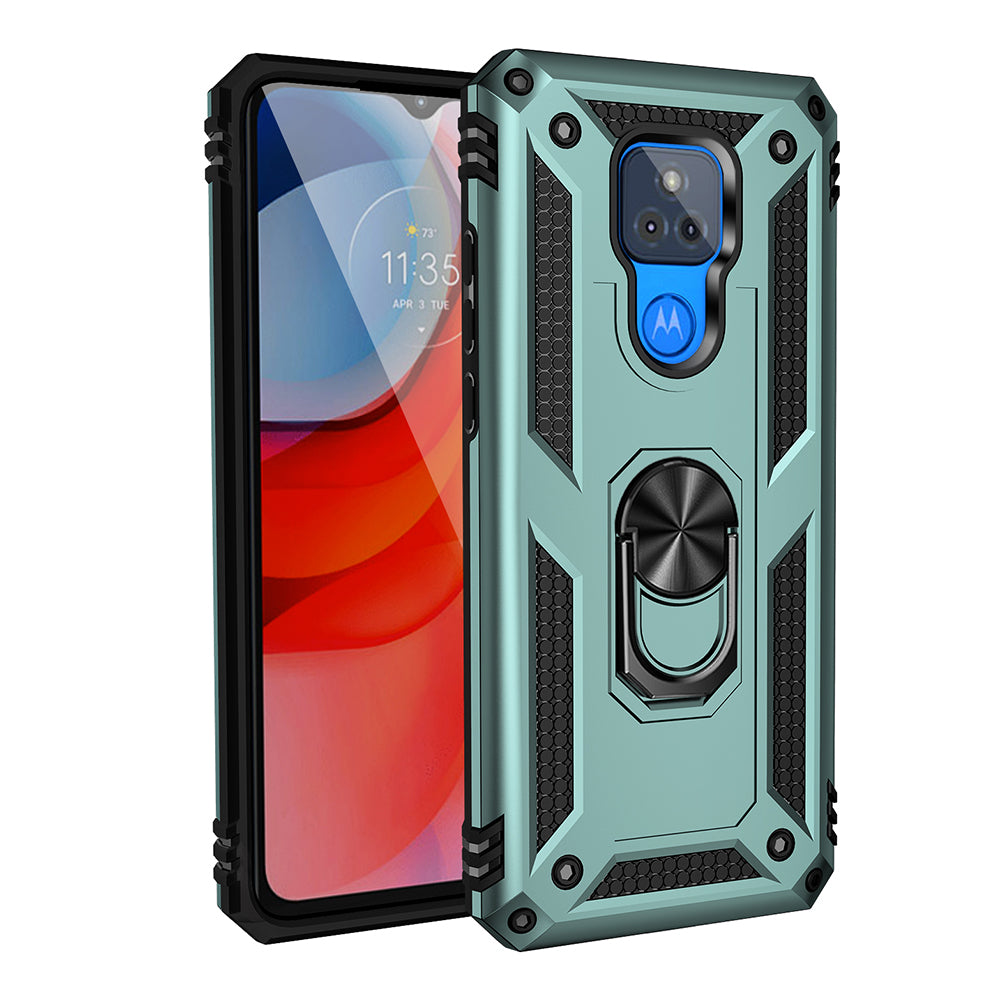 Anti-Fall Hybrid PC + TPU + Metal Phone Case Cover with Finger Ring Kickstand for Motorola Moto G Play (2021)