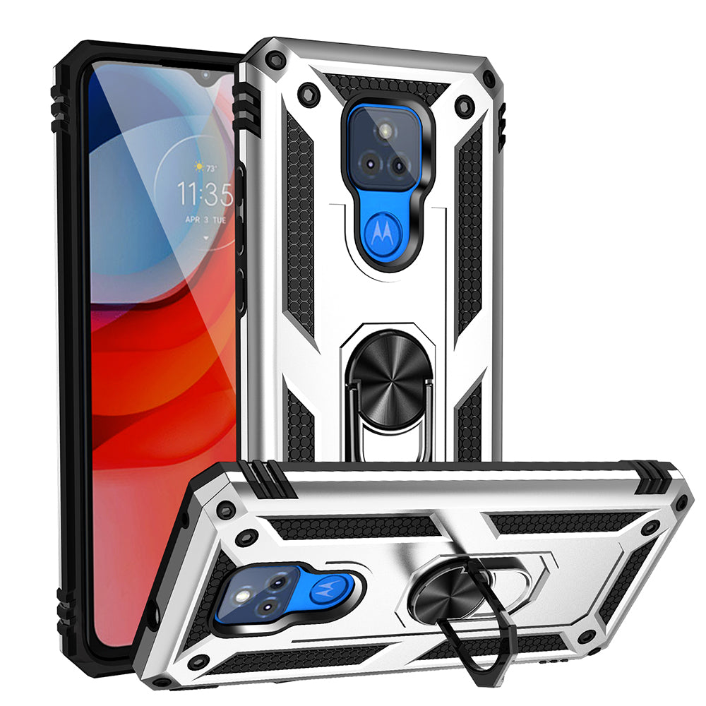 Anti-Fall Hybrid PC + TPU + Metal Phone Case Cover with Finger Ring Kickstand for Motorola Moto G Play (2021)