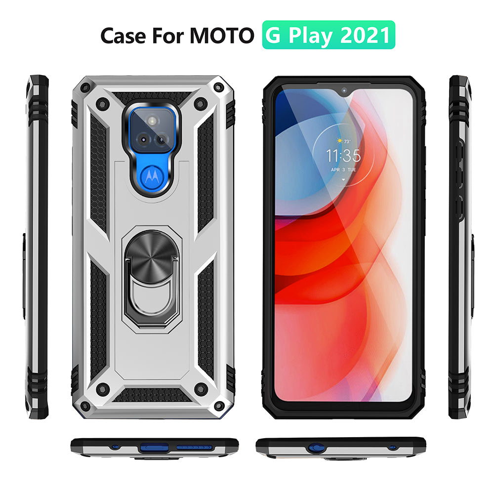 Anti-Fall Hybrid PC + TPU + Metal Phone Case Cover with Finger Ring Kickstand for Motorola Moto G Play (2021)