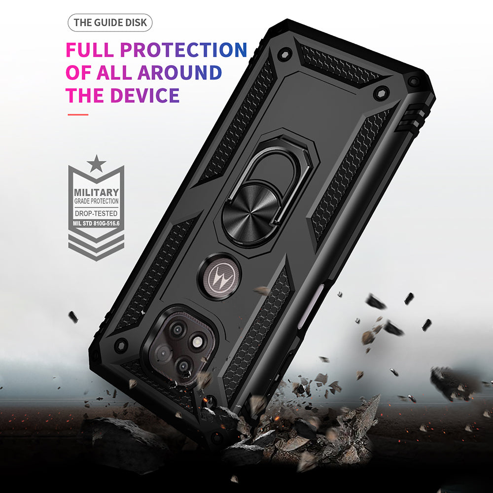 Hybrid PC + TPU + Metal Anti-Fall Protection Phone Case Cover with Finger Ring Kickstand for Motorola Moto G Power (2021)