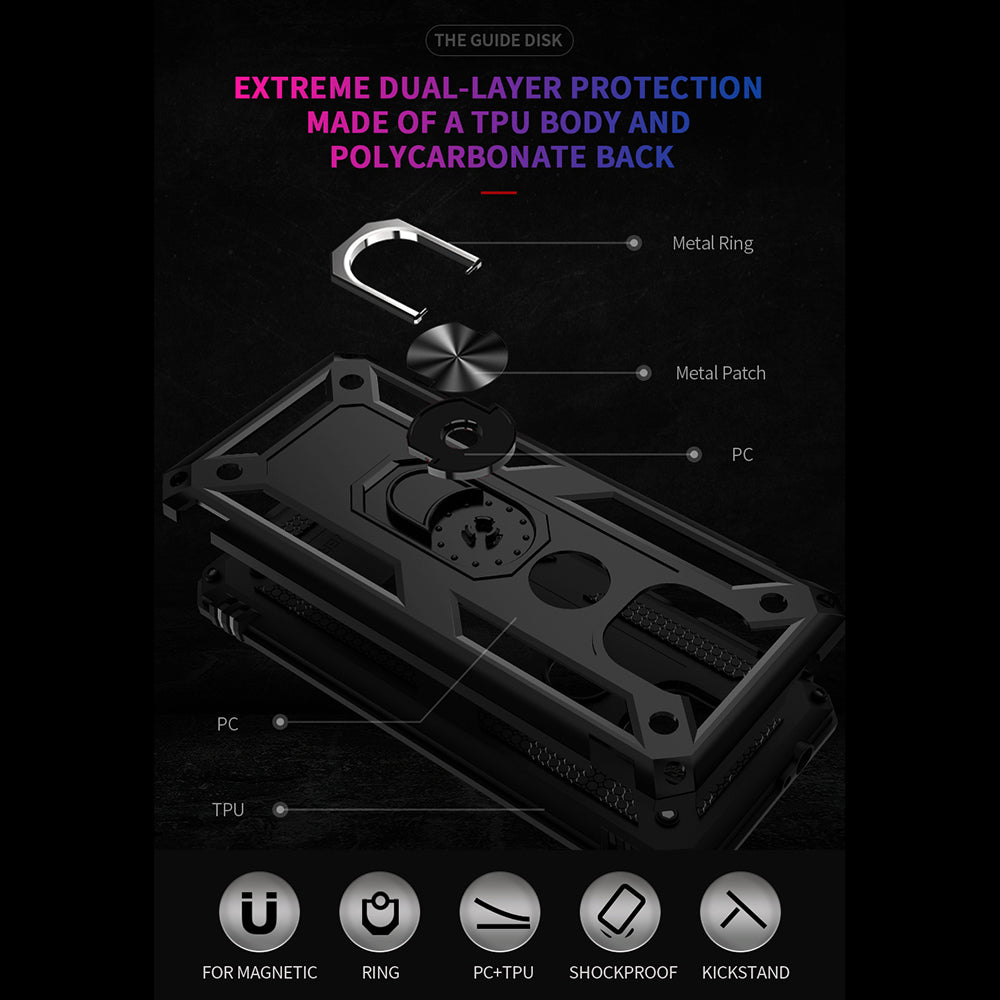 Hybrid PC + TPU + Metal Anti-Fall Protection Phone Case Cover with Finger Ring Kickstand for Motorola Moto G Power (2021)