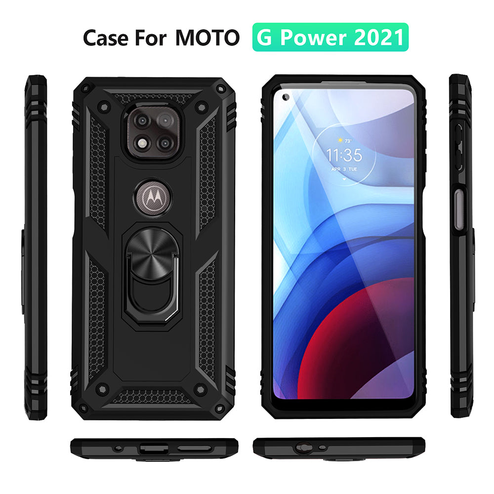 Hybrid PC + TPU + Metal Anti-Fall Protection Phone Case Cover with Finger Ring Kickstand for Motorola Moto G Power (2021)