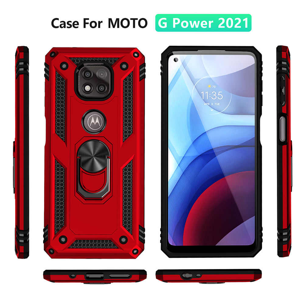 Hybrid PC + TPU + Metal Anti-Fall Protection Phone Case Cover with Finger Ring Kickstand for Motorola Moto G Power (2021)