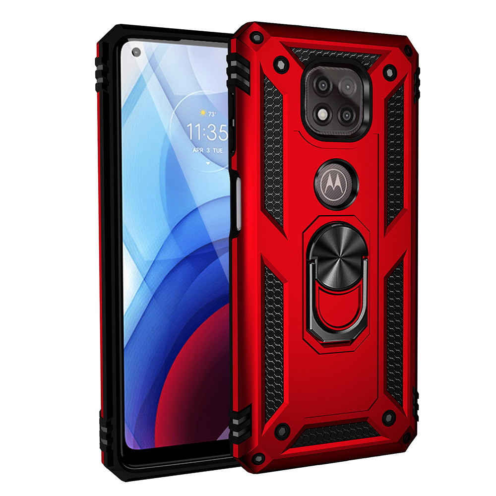 Hybrid PC + TPU + Metal Anti-Fall Protection Phone Case Cover with Finger Ring Kickstand for Motorola Moto G Power (2021)