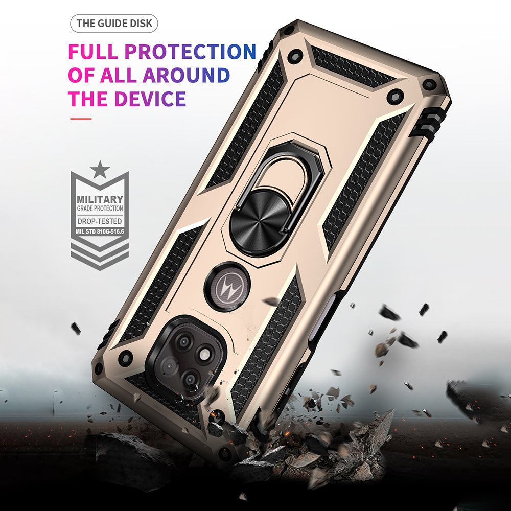 Hybrid PC + TPU + Metal Anti-Fall Protection Phone Case Cover with Finger Ring Kickstand for Motorola Moto G Power (2021)